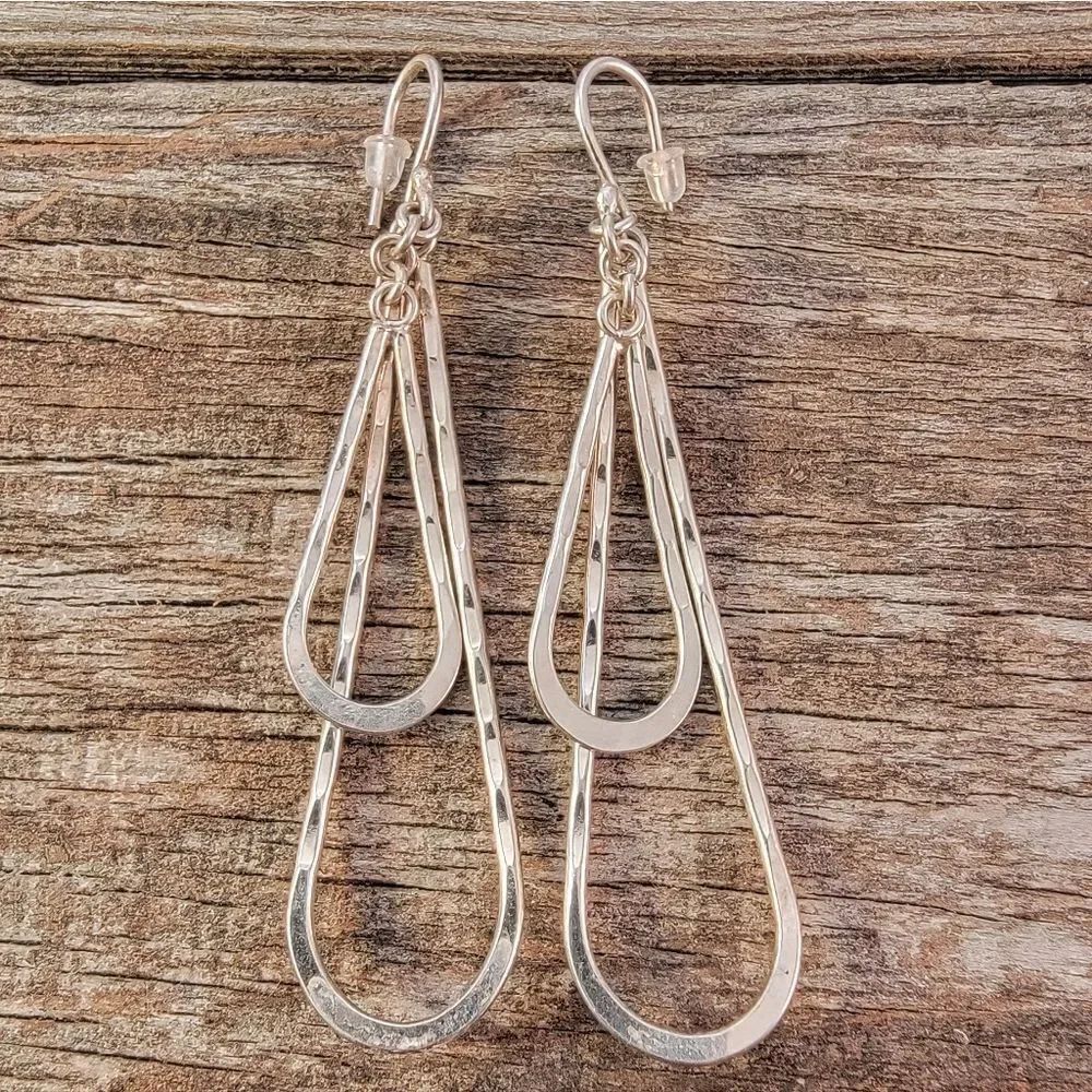 Sterling Two Tier Hammered Dangle Drop Hoop Earrings